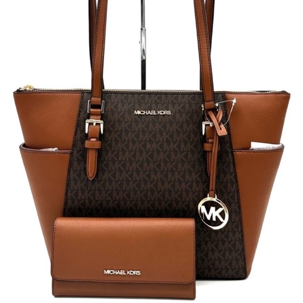 Michael Kors Large Charlotte Tote Bag & Matching Trifold Wallet Brown